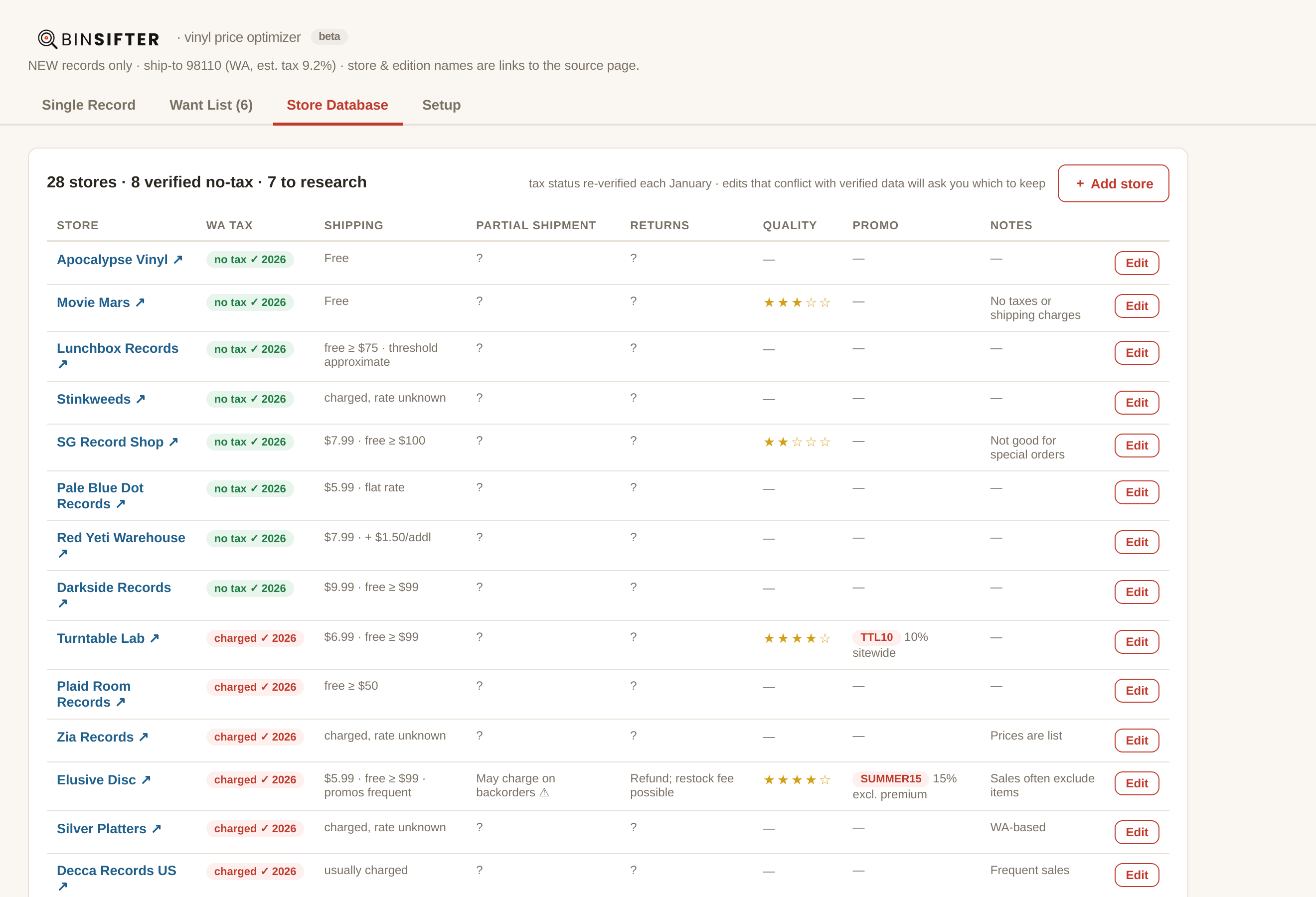 Bin Sifter's store database listing shipping, tax and return policies for each store